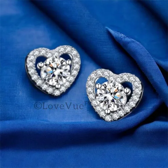 Certified 1ct. t.w. Diamond Moissanite Heart Frame Halo Stud Earrings - Picture 3 of 14